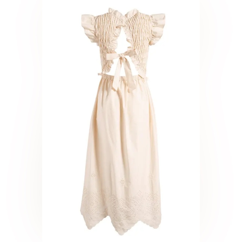 RUFFLE EYELET SMOCKED BODICE STRETCH COTTON DRESS IN CREAM